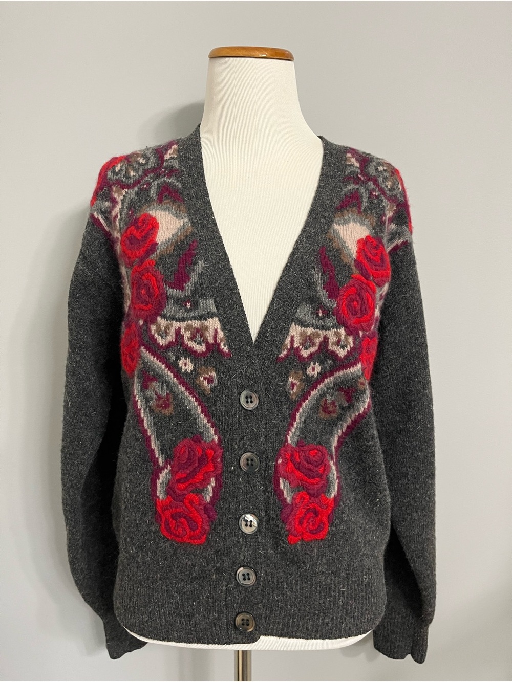 Vintage JH Collectibles Gray Lambs Wool/Angora V-Neck Cardigan Size Medium